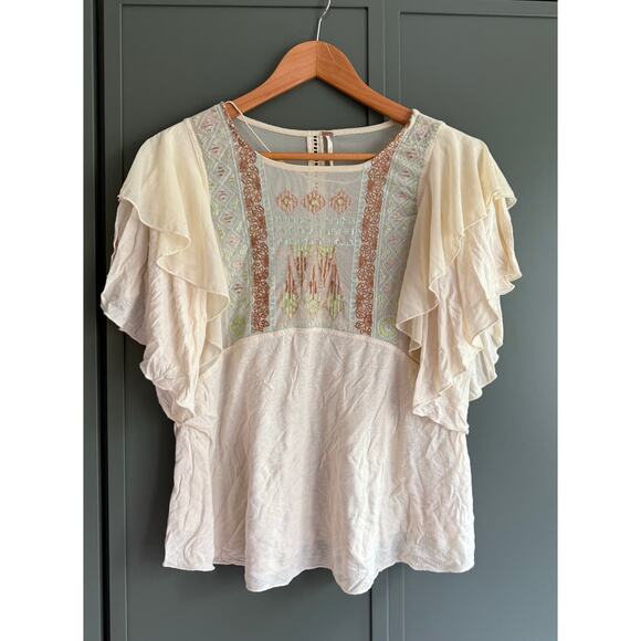 Free People Tops - FREE PEOPLE sz XS Flutter sleeve embroidered mesh layer top in cream EUC